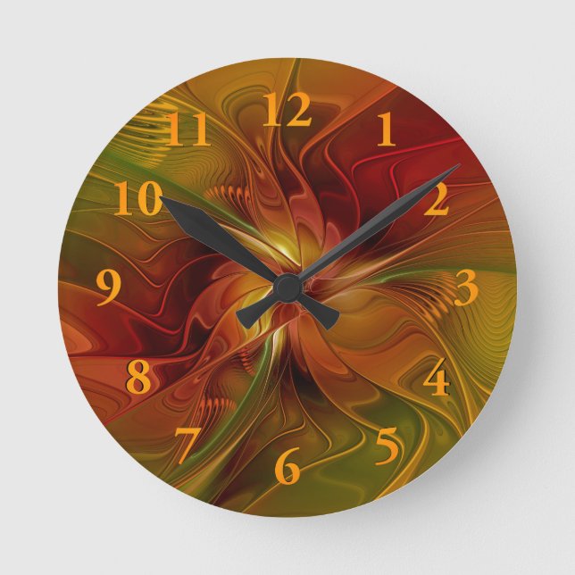 Abstract Red Orange Brown Green Fractal Art Flower Round Clock (Front)