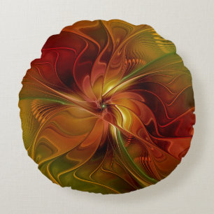 Abstract Red Orange Brown Green Fractal Art Flower Round Cushion