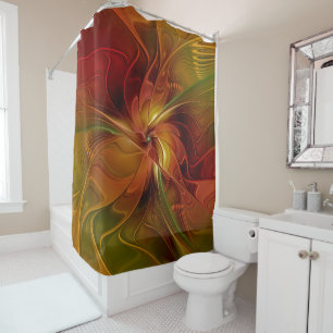 Abstract Red Orange Brown Green Fractal Art Flower Shower Curtain