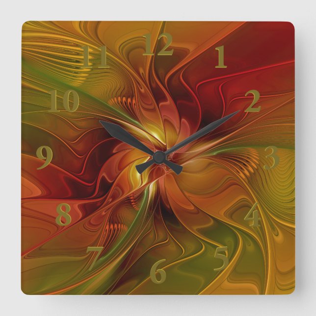 Abstract Red Orange Brown Green Fractal Art Flower Square Wall Clock (Front)