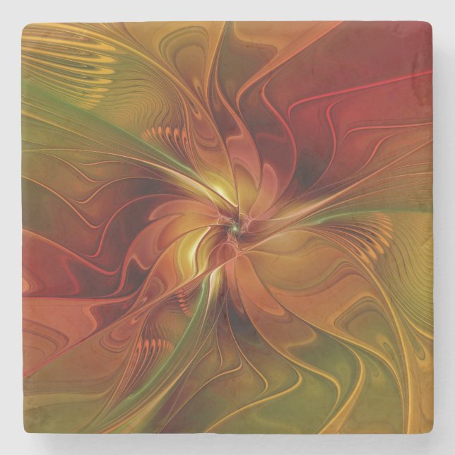 Abstract Red Orange Brown Green Fractal Art Flower Stone Coaster (Front)