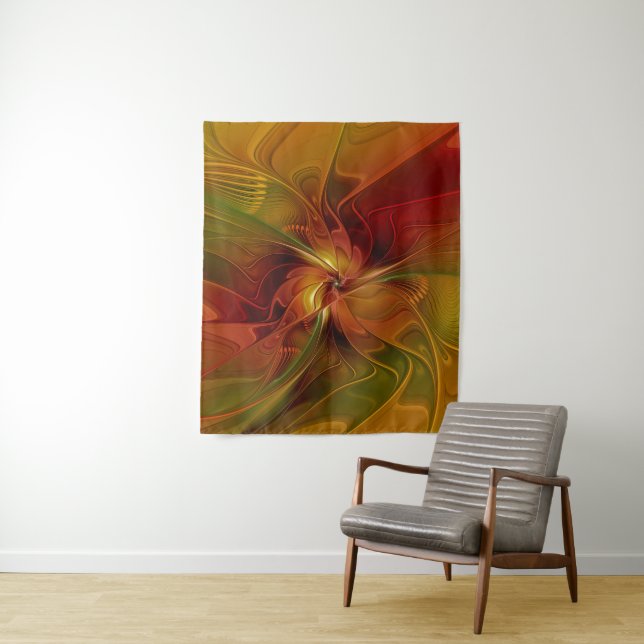 Abstract Red Orange Brown Green Fractal Art Flower Tapestry (In Situ)