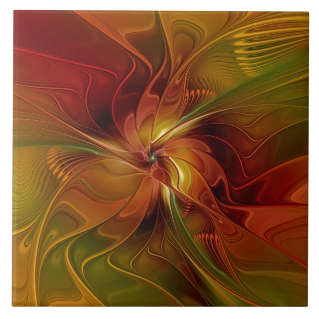 Abstract Red Orange Brown Green Fractal Art Flower Tile (Front)