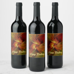Abstract Red Orange Brown Green Fractal Art Flower Wine Label