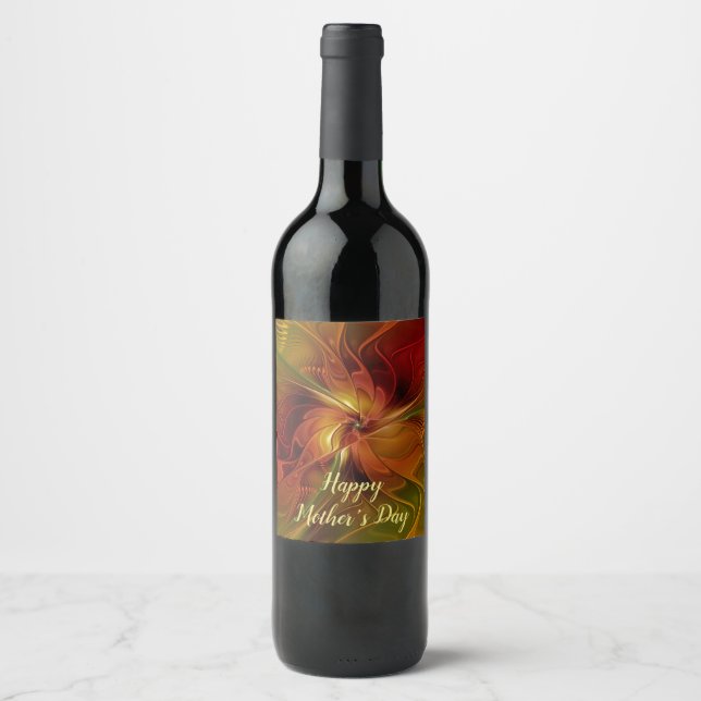 Abstract Red Orange Brown Green Fractal Art Flower Wine Label (Front)