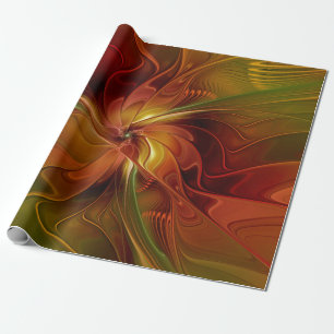Abstract Red Orange Brown Green Fractal Art Flower Wrapping Paper