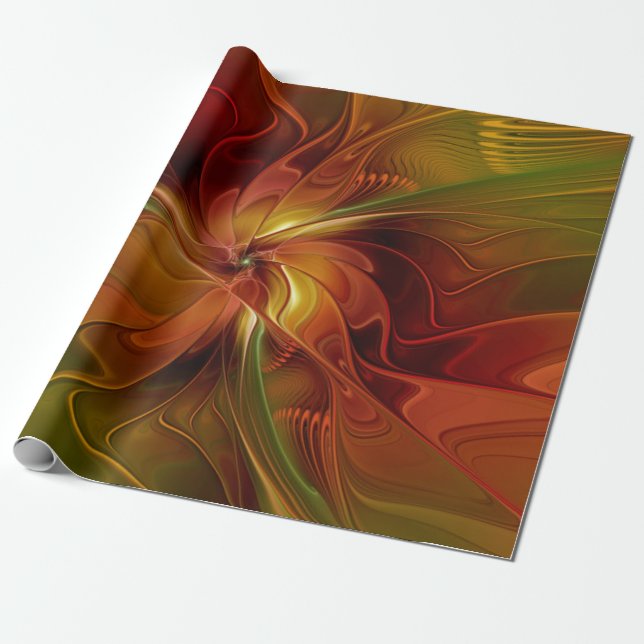 Abstract Red Orange Brown Green Fractal Art Flower Wrapping Paper (Unrolled)