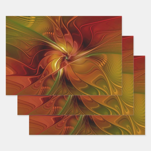 Abstract Red Orange Brown Green Fractal Art Flower Wrapping Paper Sheet (Set)