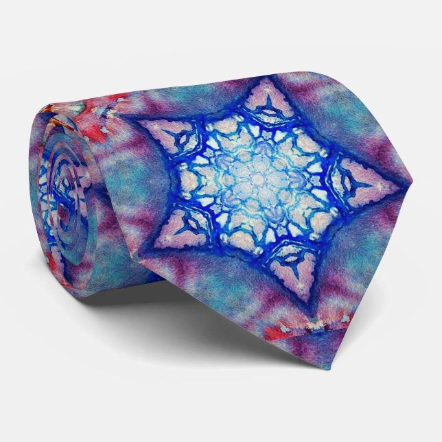 ABSTRACT RED PINK BLUE STARS  Fractal Geometric Tie (Rolled)