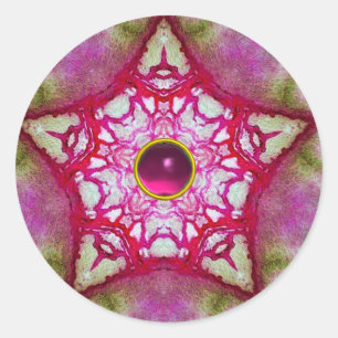 ABSTRACT RED PINK STAR WITH FUCHSIA AMETHYST GEM CLASSIC ROUND STICKER