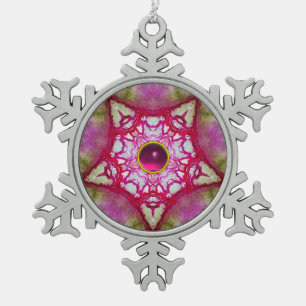 ABSTRACT RED PINK STAR WITH FUCHSIA AMETHYST GEM SNOWFLAKE PEWTER CHRISTMAS ORNAMENT