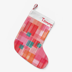 Abstract Red pink teal Geometric Squares Name Small Christmas Stocking