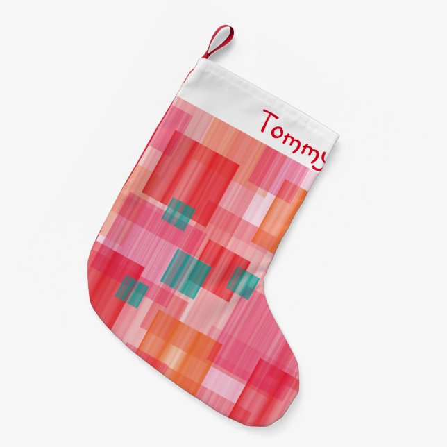 Abstract Red pink teal Geometric Squares Name Small Christmas Stocking (Front (Hanging))