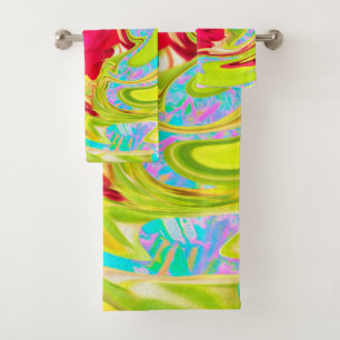 Abstract Red Rose on Yellow and Aqua Swirl Bath Towel Set