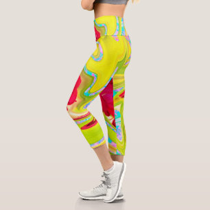 Abstract Red Rose on Yellow and Aqua Swirl Capri Leggings