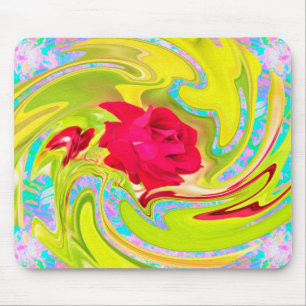 Abstract Red Rose on Yellow and Aqua Swirl Mouse Mat