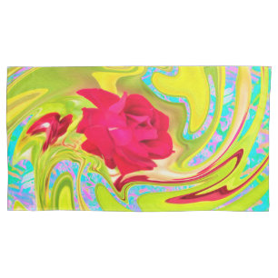 Abstract Red Rose on Yellow and Aqua Swirl Pillowcase