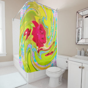 Abstract Red Rose on Yellow and Aqua Swirl Shower Curtain