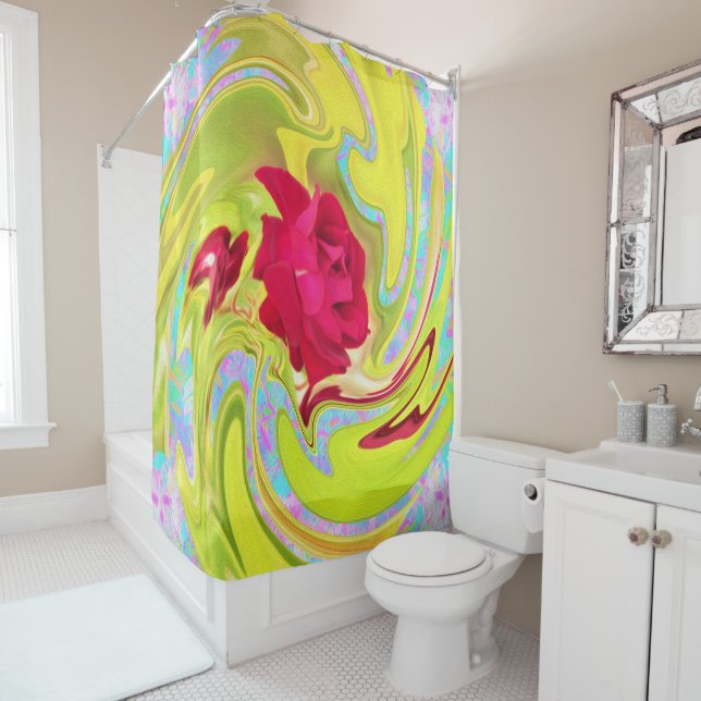 Abstract Red Rose on Yellow and Aqua Swirl Shower Curtain (In Situ)