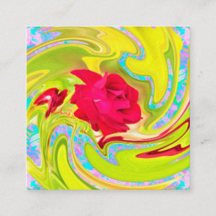 Abstract Red Rose on Yellow and Aqua Swirl Square Business Card