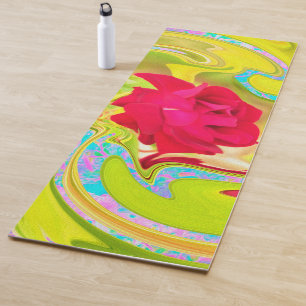 Abstract Red Rose on Yellow and Aqua Swirl Yoga Mat