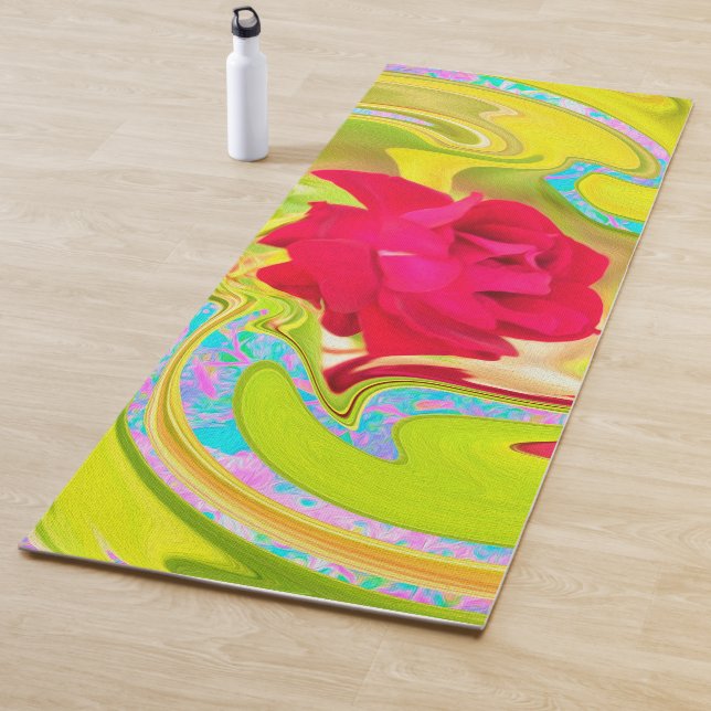 Abstract Red Rose on Yellow and Aqua Swirl Yoga Mat (In Situ)