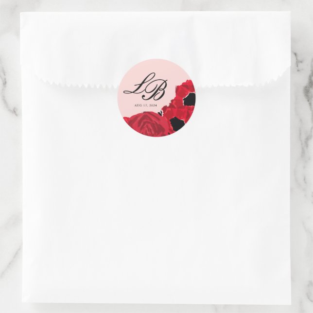 Abstract Red Roses and Poppies Wedding Classic Round Sticker (Bag)