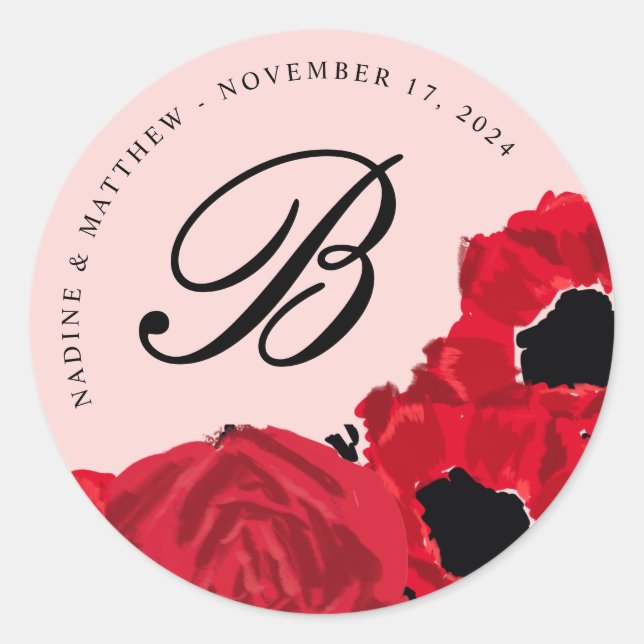 Abstract Red Roses and Poppies Wedding Initial Classic Round Sticker (Front)