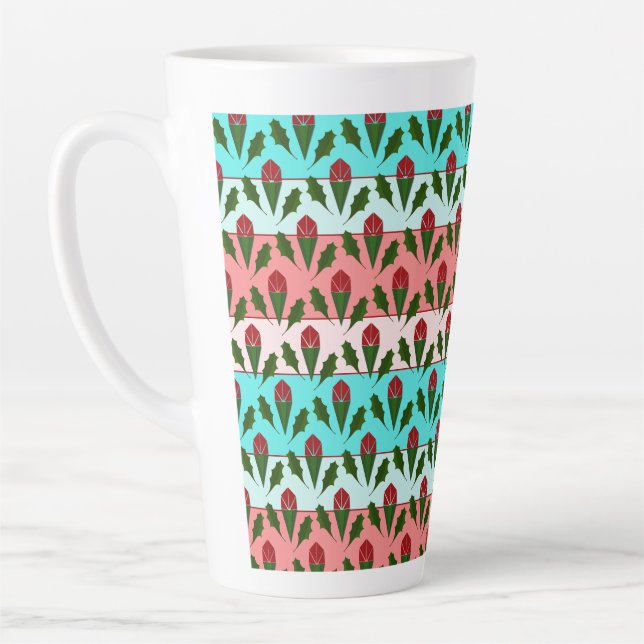 Abstract Red Roses & Leaves Floral, Colour Stripes Latte Mug (Left)