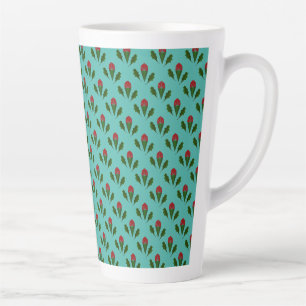 Abstract Red Roses & Leaves Floral, Fountain Blue Latte Mug