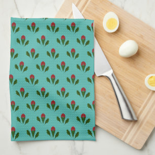 Abstract Red Roses & Leaves Floral, Fountain Blue Tea Towel