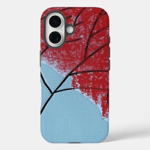 Abstract Red Tree Leaves on Blue iPhone 16 Case