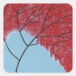 Abstract Red Tree Leaves on Blue Square Sticker