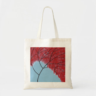 Abstract Red Tree Leaves on Blue Tote Bag