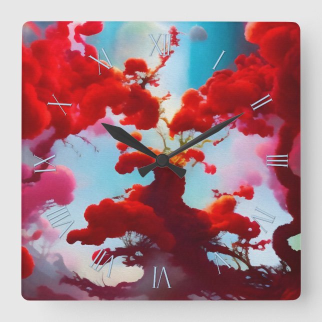 Abstract red trees square wall clock (Front)