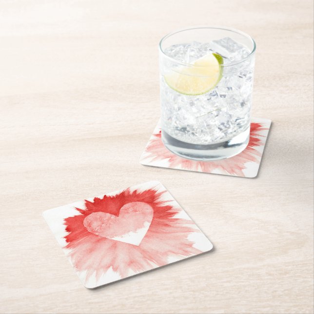 Abstract Red Watercolor Splash Heart Paper Coaster (Insitu)
