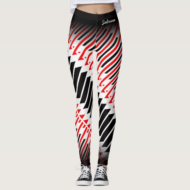 Abstract Red White Black Pattern with Your Name Leggings (Front)