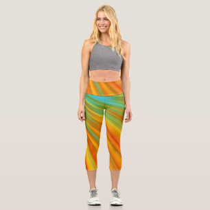 Abstract  red yellow orange green stripes on blue  capri leggings
