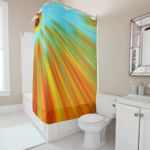 Abstract  red yellow orange green stripes on blue  shower curtain