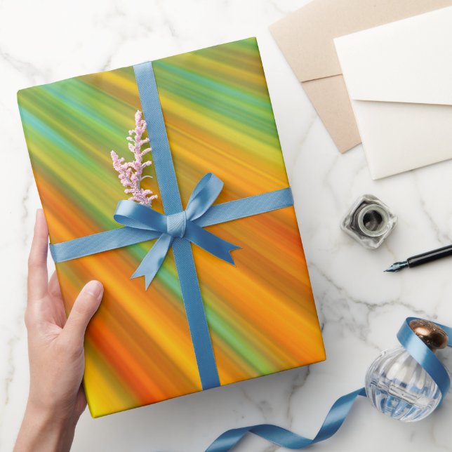 Abstract  red yellow orange green stripes on blue  wrapping paper (Gifting)