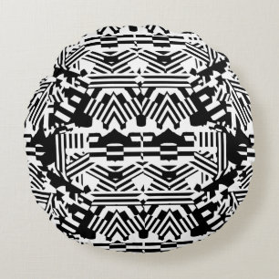 Abstract Reflections: Lines, Cubes, and Monochrome Round Cushion