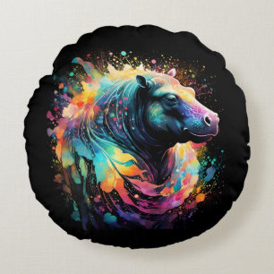 Abstract Reflections: The Painted Hippo, Round Cushion