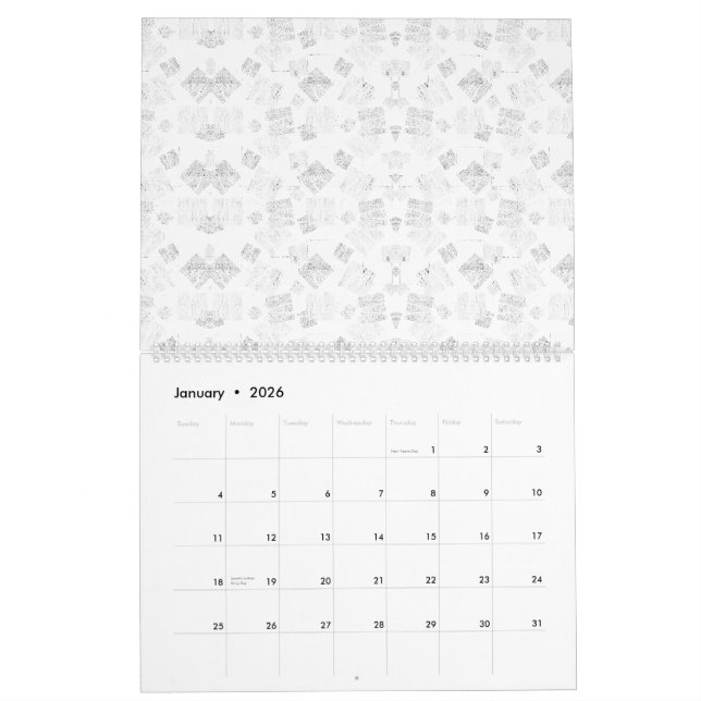 Abstract repeating pattern of stylised shapes in l calendar (Jan 2026)