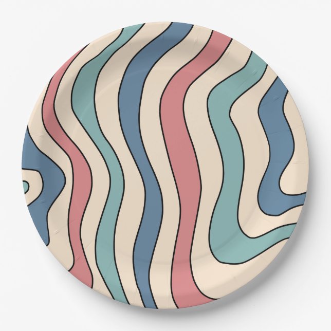 Abstract Retro 70s Marble Blue Red Groovy Pattern Paper Plate (Front)