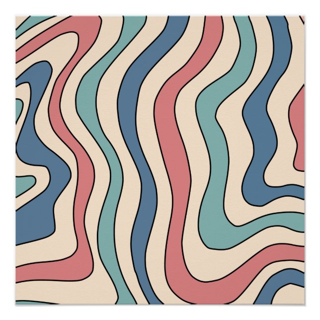Abstract Retro 70s Marble Blue Red Groovy Pattern Poster (Front)