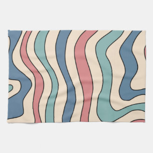 Abstract Retro 70s Marble Blue Red Groovy Pattern Tea Towel