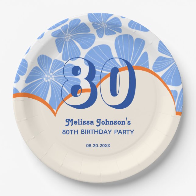 Abstract Retro Blue Chamomile Flower Birthday Paper Plate (Front)