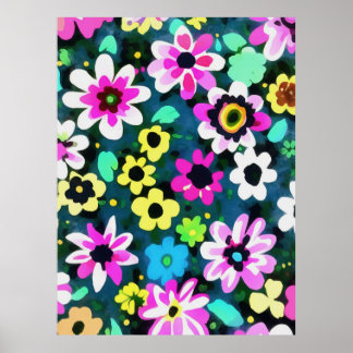 Abstract Retro Boho Spring Flowers Viva Magenta  Poster
