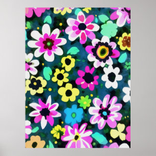 Abstract Retro Boho Spring Flowers Viva Magenta Poster