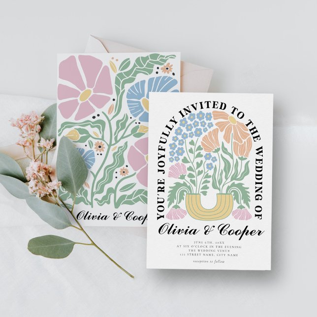 Abstract Retro Bright Colourful Floral Wedding Invitation (Creator Uploaded)